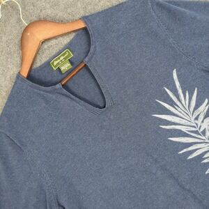 Eddie Bauer Womens Blue Cotton Split Neck Tropical Leaf Graphic Sweater Small